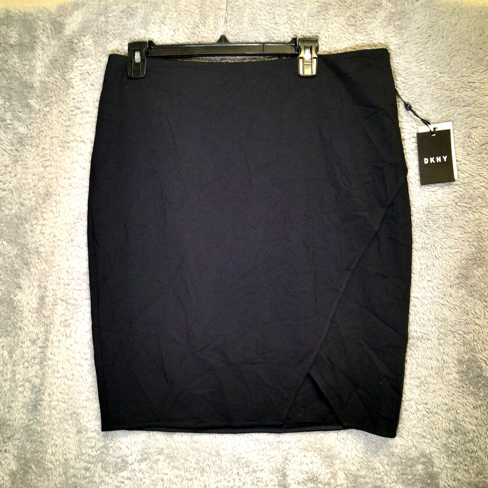 DKNY Womens Ponte Knit Mini Skirt Pencil Navy Blue Faux Wrap Stretch SZ 12 1524